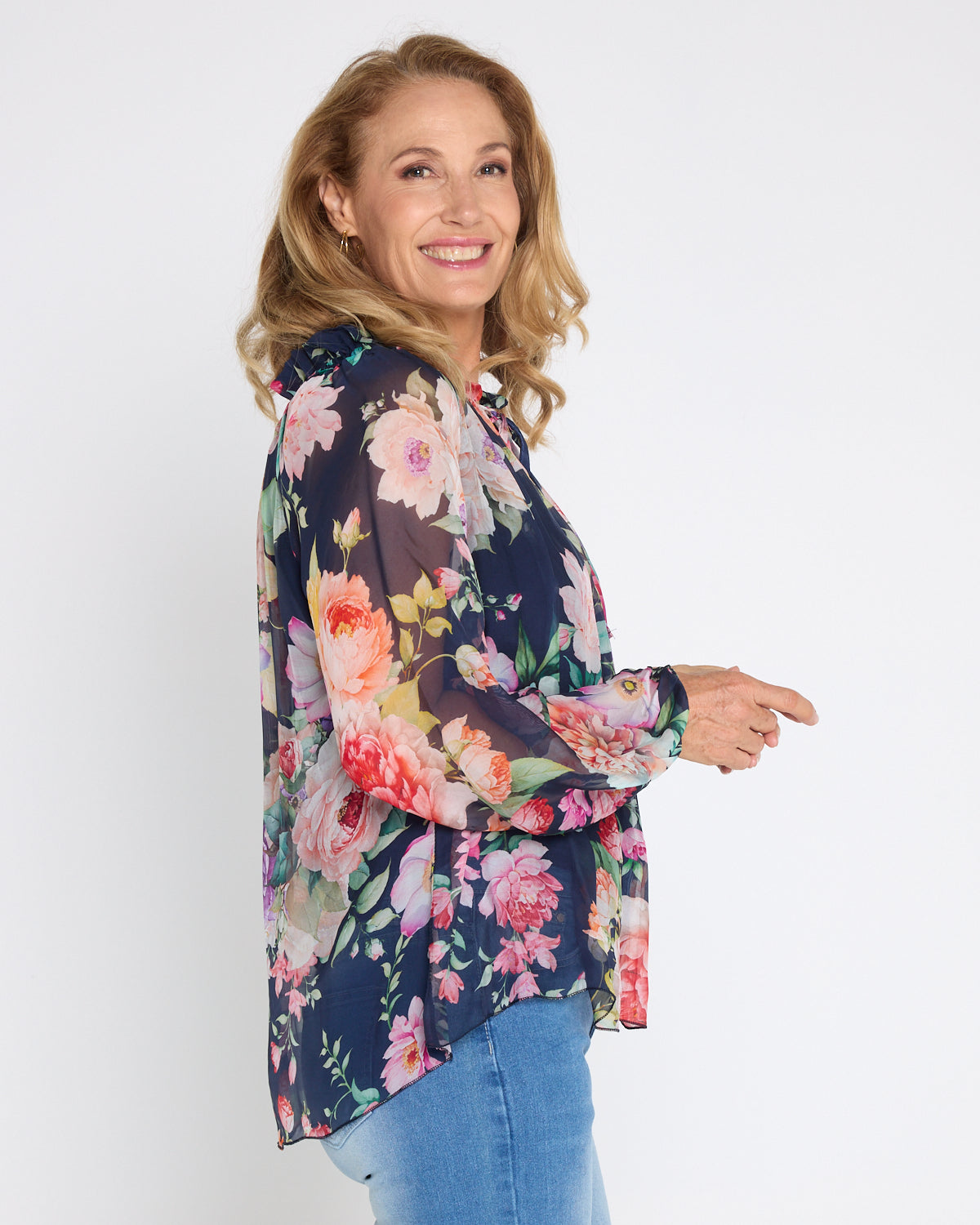 Leola Silk Top - Navy Camellia Gardens