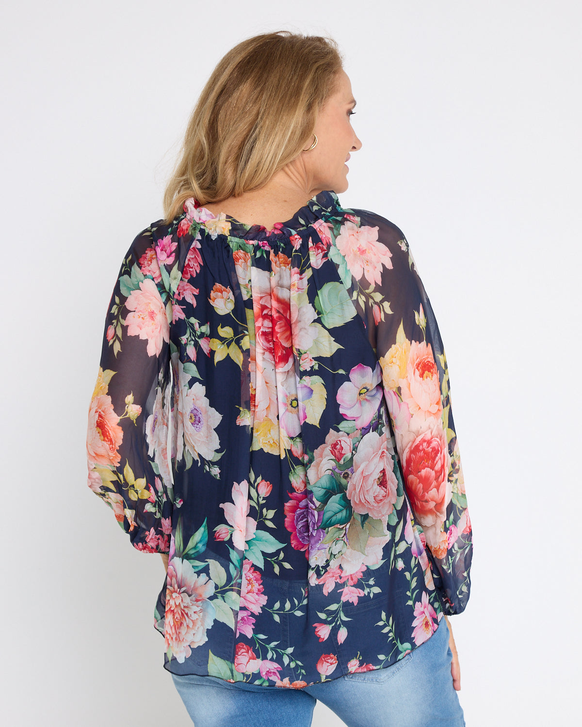 Leola Silk Top - Navy Camellia Gardens