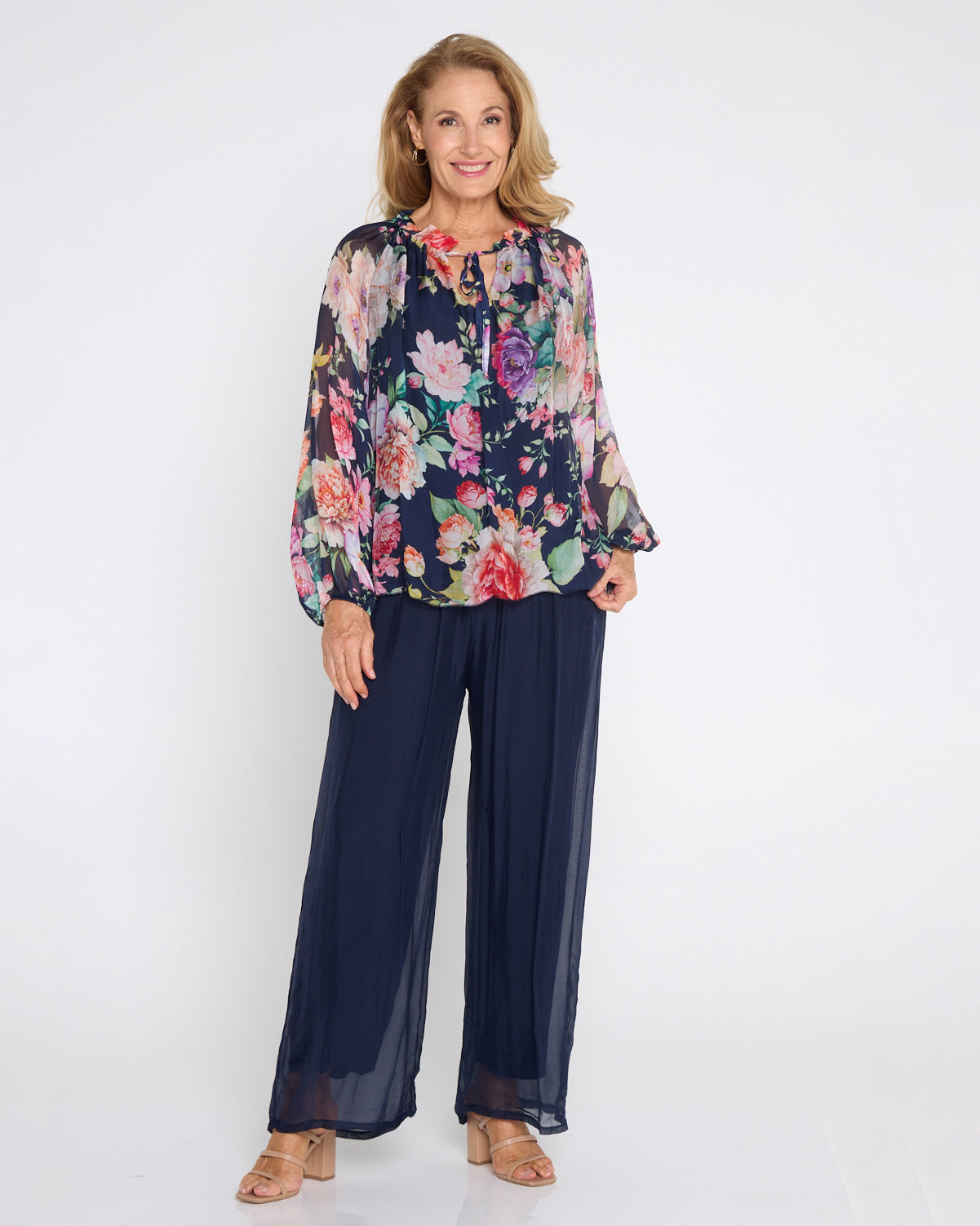 Leola Silk Top - Navy Camellia Gardens
