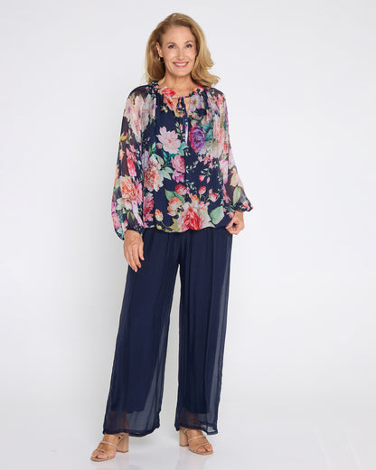 Leola Silk Top - Navy Camellia Gardens