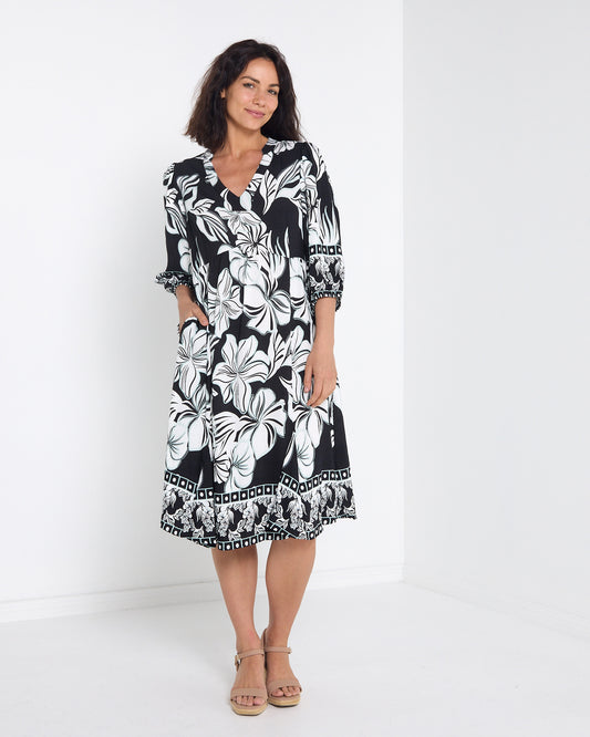 Lottie Border Print Dress - Black Floral