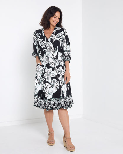 Lottie Border Print Dress - Black Floral