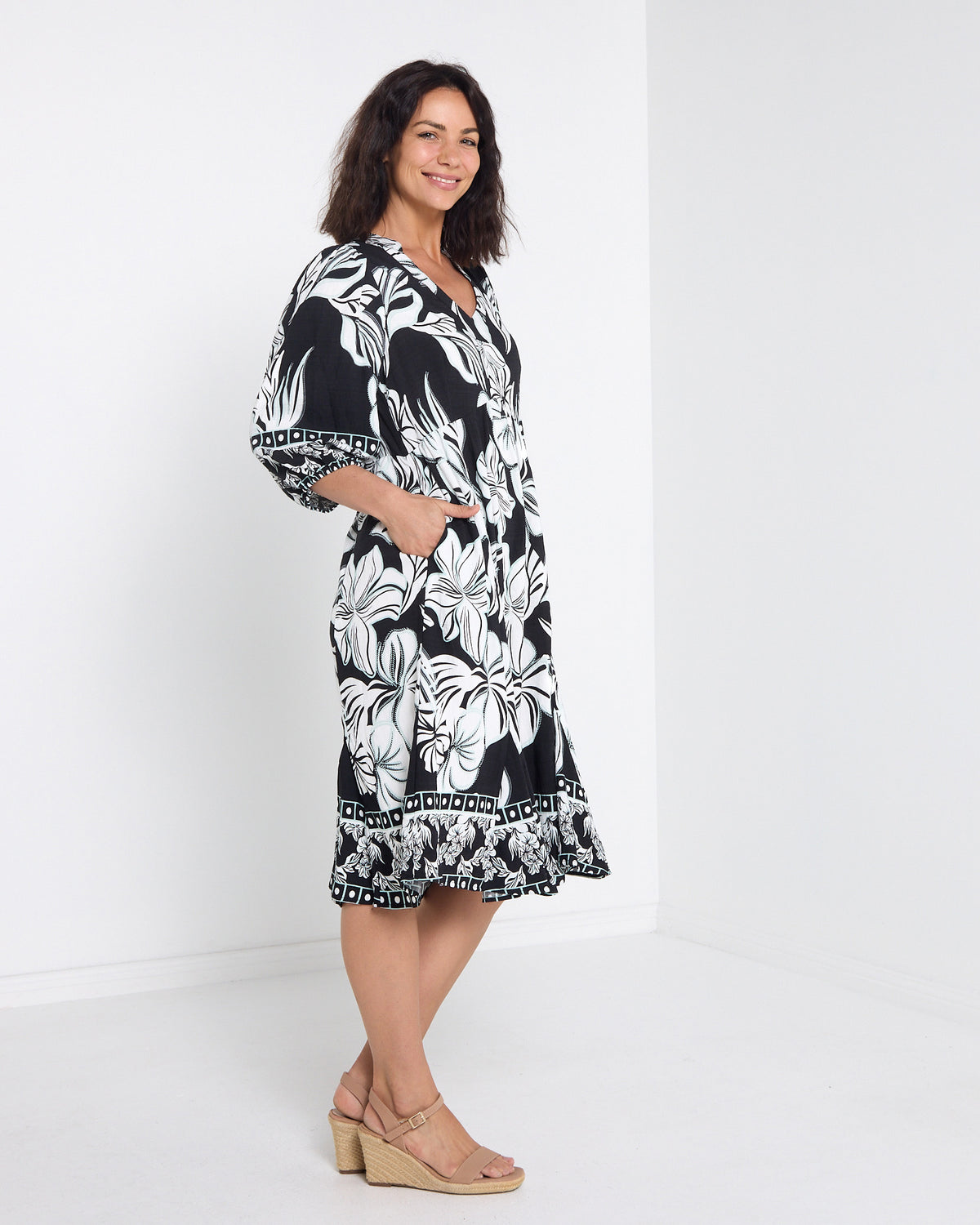 Lottie Border Print Dress - Black Floral