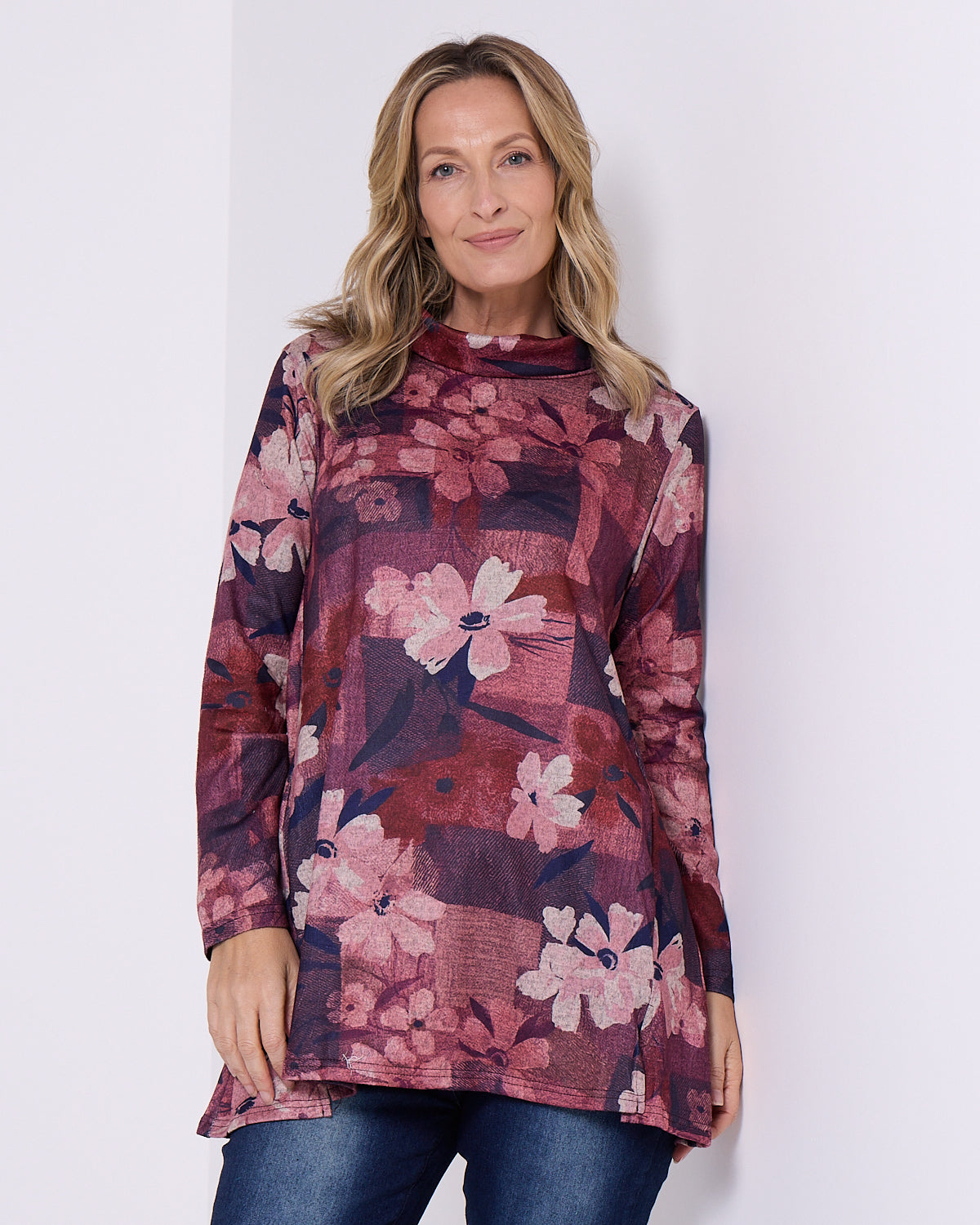 Lina Cowl Knit Tunic - Pink Floral