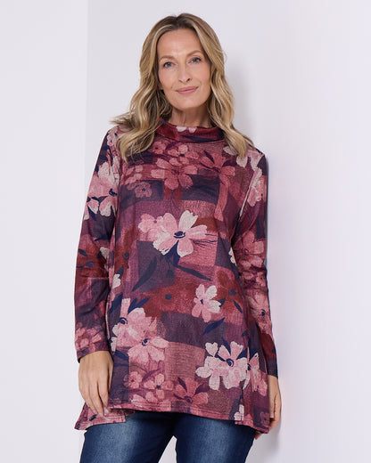 Lina Cowl Knit Tunic - Pink Floral