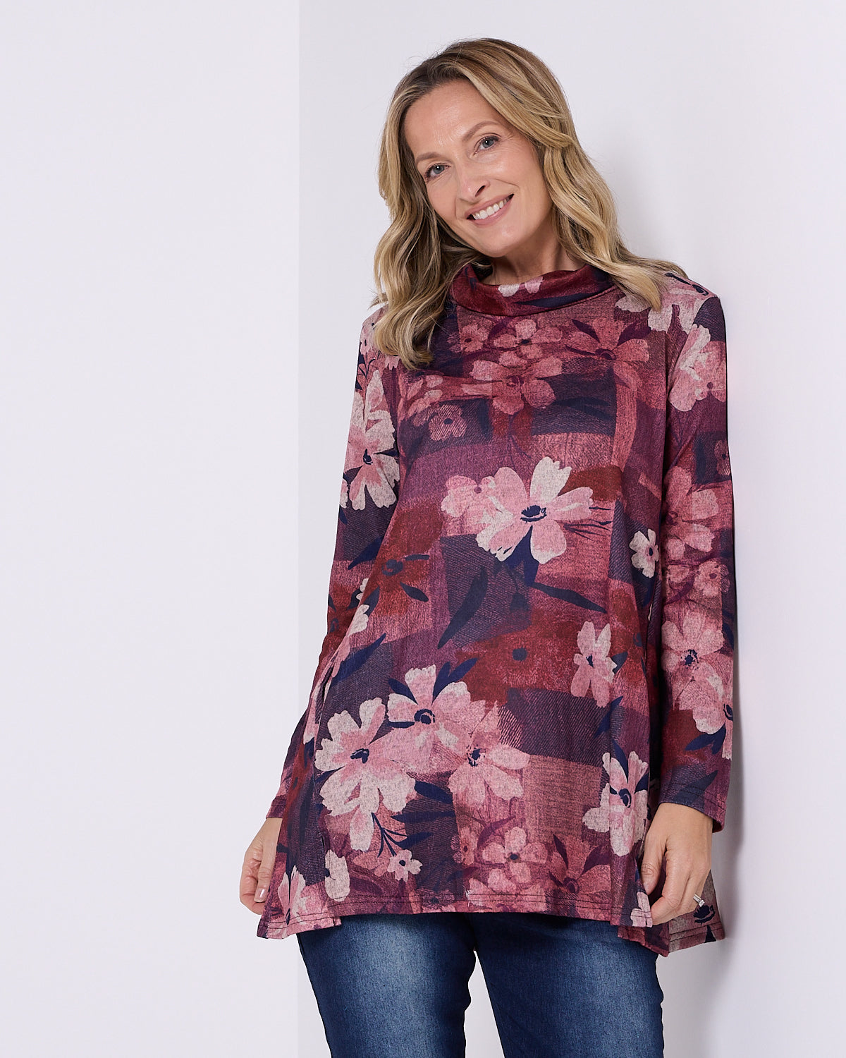 Lina Cowl Knit Tunic - Pink Floral