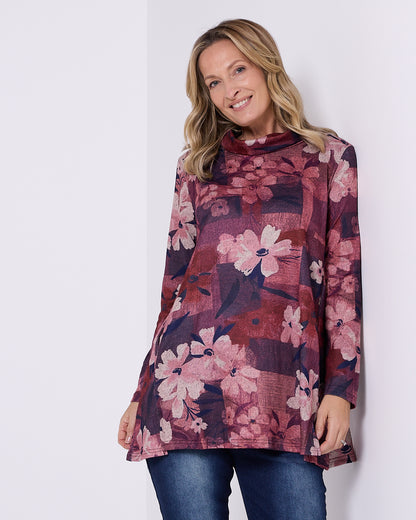 Lina Cowl Knit Tunic - Pink Floral