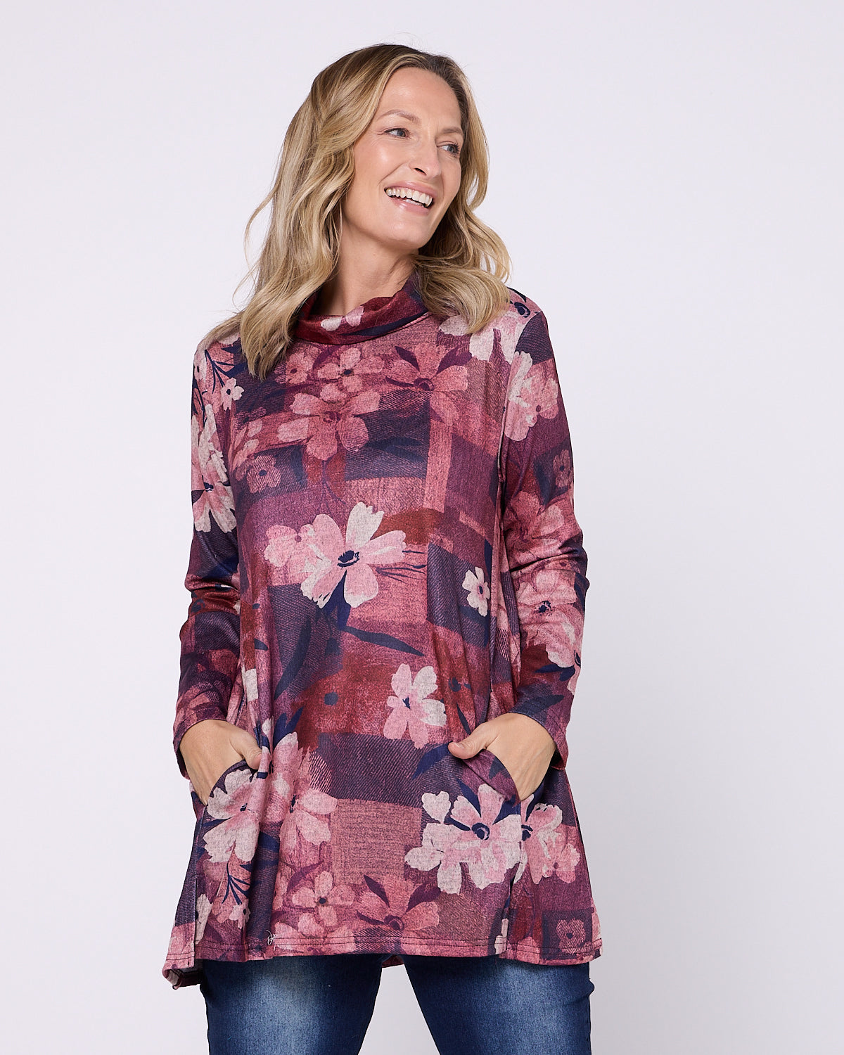 Lina Cowl Knit Tunic - Pink Floral