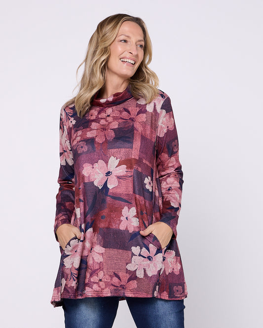 Lina Cowl Knit Tunic - Pink Floral