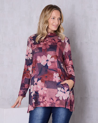 Lina Cowl Knit Tunic - Pink Floral