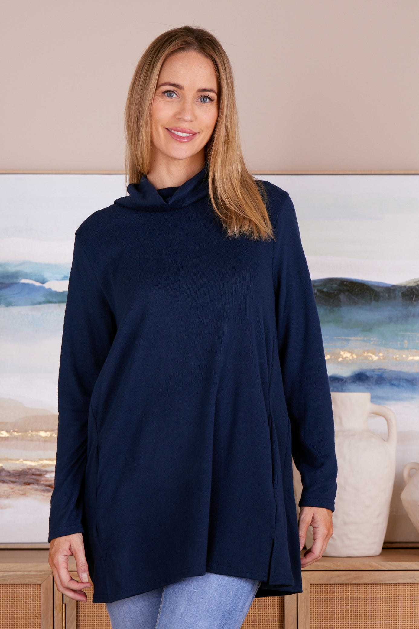 Lina Cowl Knit Tunic - Navy