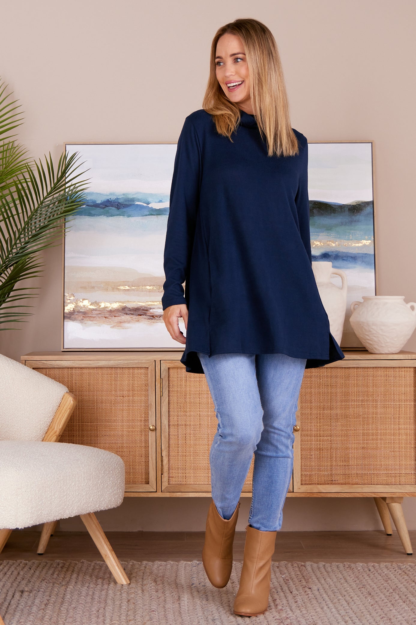 Lina Cowl Knit Tunic - Navy
