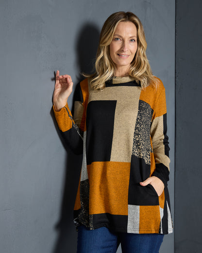 Lina Cowl Knit Tunic - Patchwork Rust