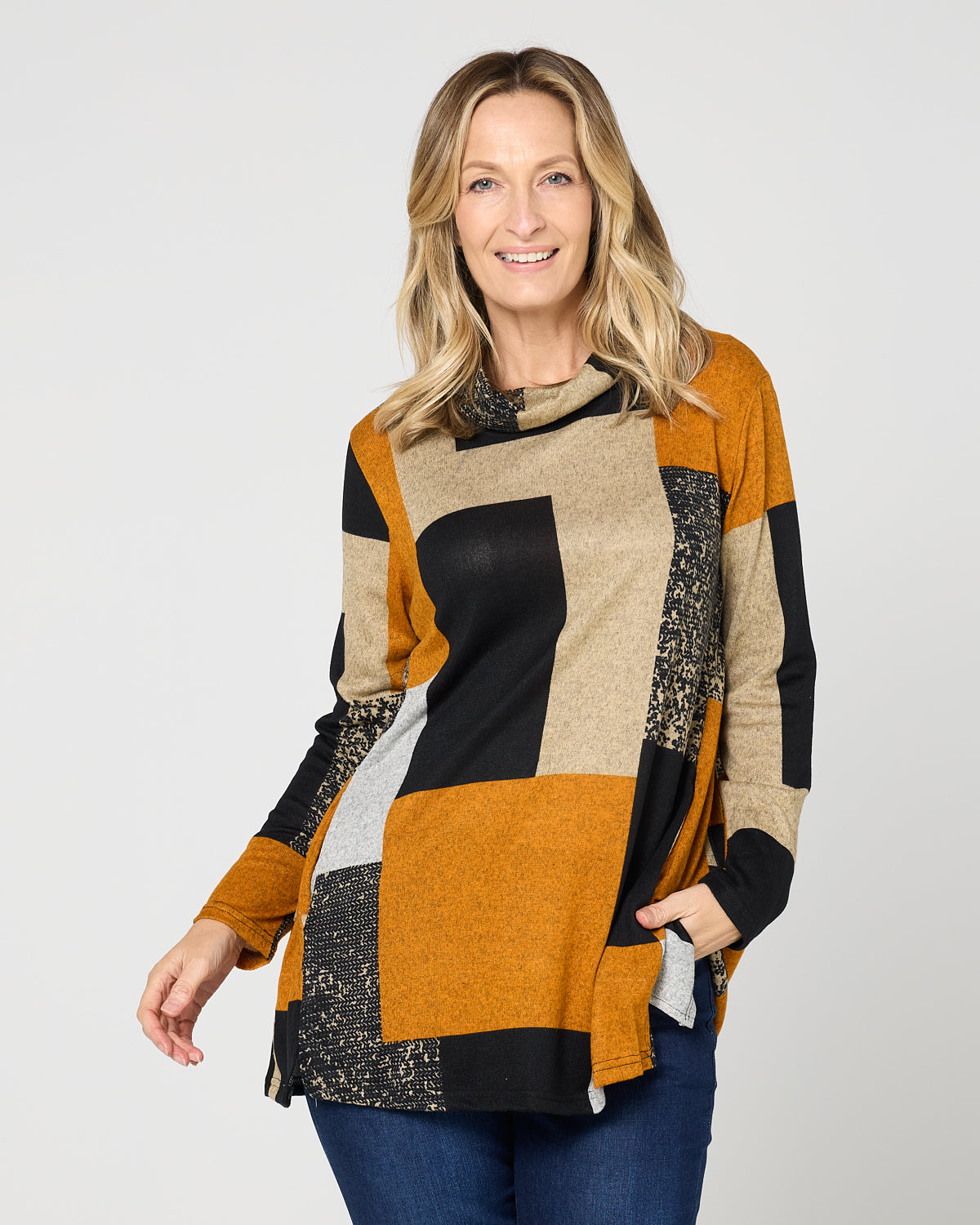 Lina Cowl Knit Tunic - Patchwork Rust