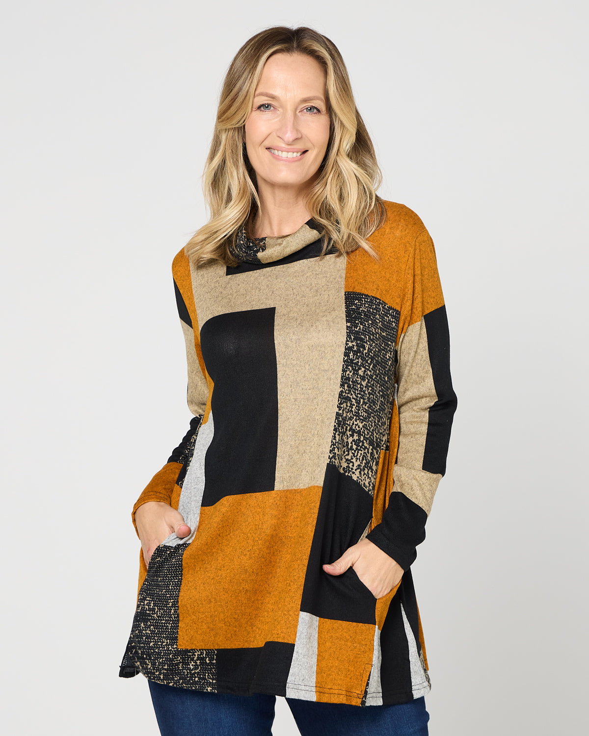 Lina Cowl Knit Tunic - Patchwork Rust