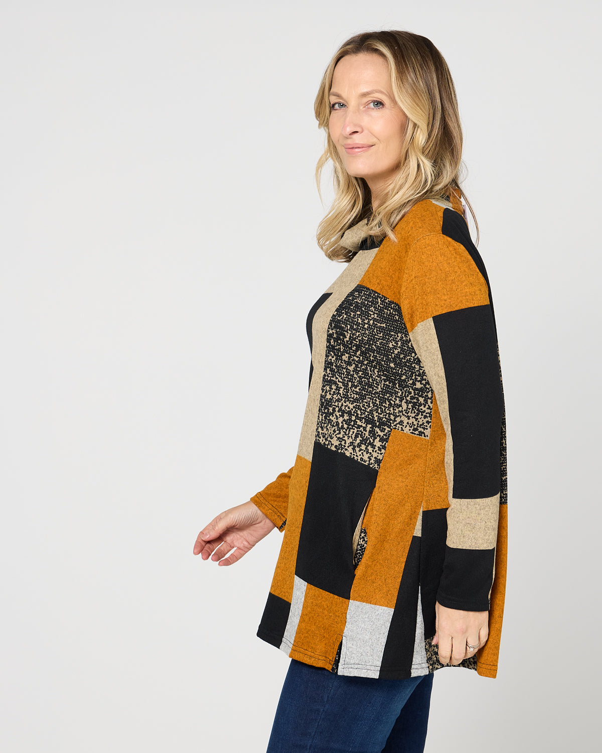 Lina Cowl Knit Tunic - Patchwork Rust