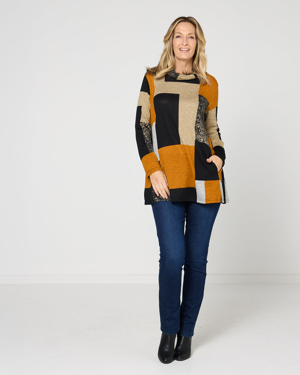Lina Cowl Knit Tunic - Patchwork Rust