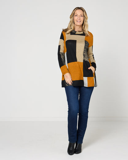 Lina Cowl Knit Tunic - Patchwork Rust
