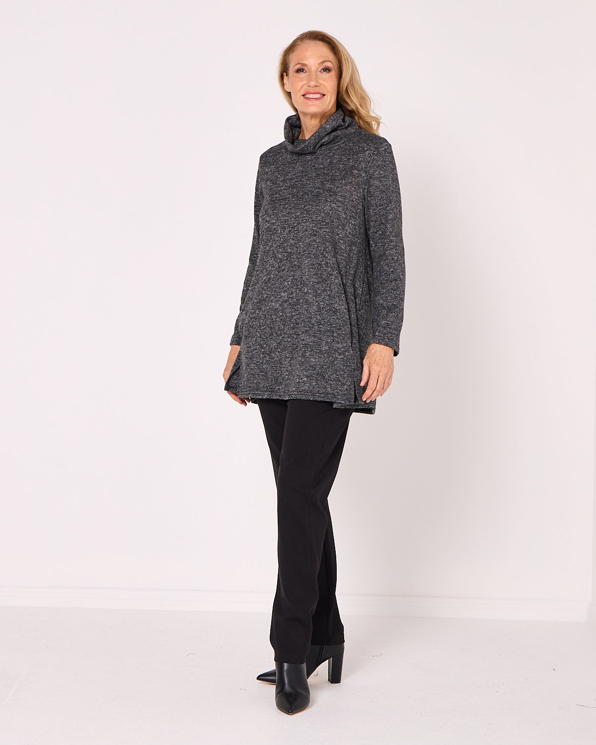 Lina Cowl Knit Tunic - Charcoal Marle