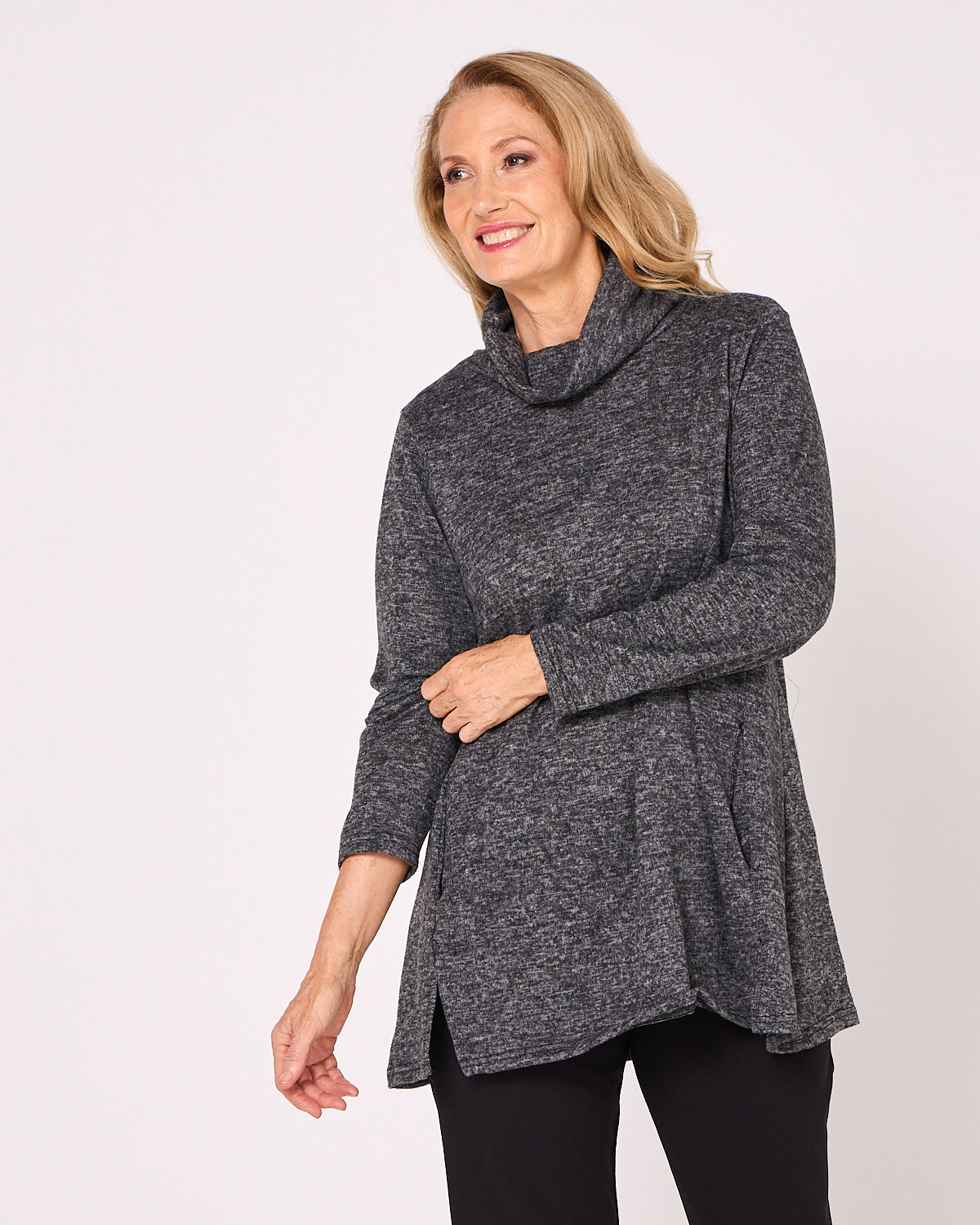 Lina Cowl Knit Tunic - Charcoal Marle
