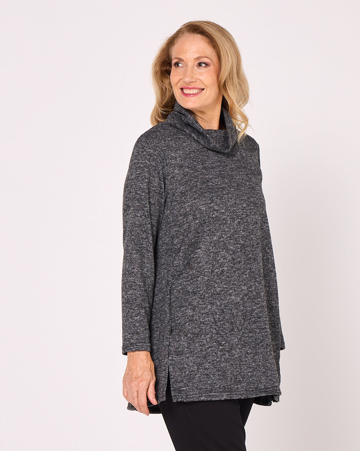 Lina Cowl Knit Tunic - Charcoal Marle