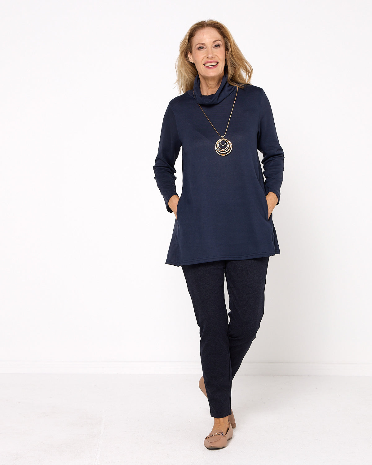 Lina Cowl Knit Tunic - Navy