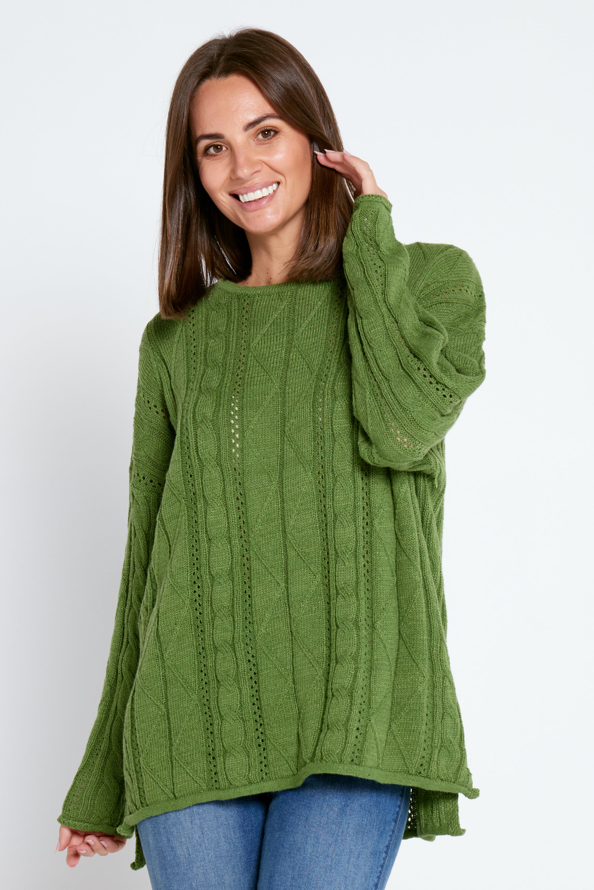 Lisa Cable Knit Jumper - Green | Mature Women's Knitwear – TULIO