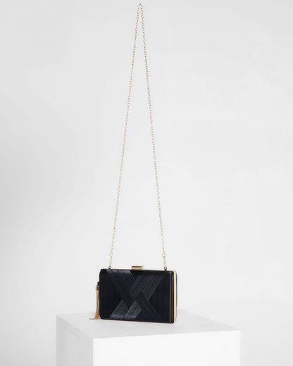 Loren Satin Rectangle Hardcase Clutch - Black