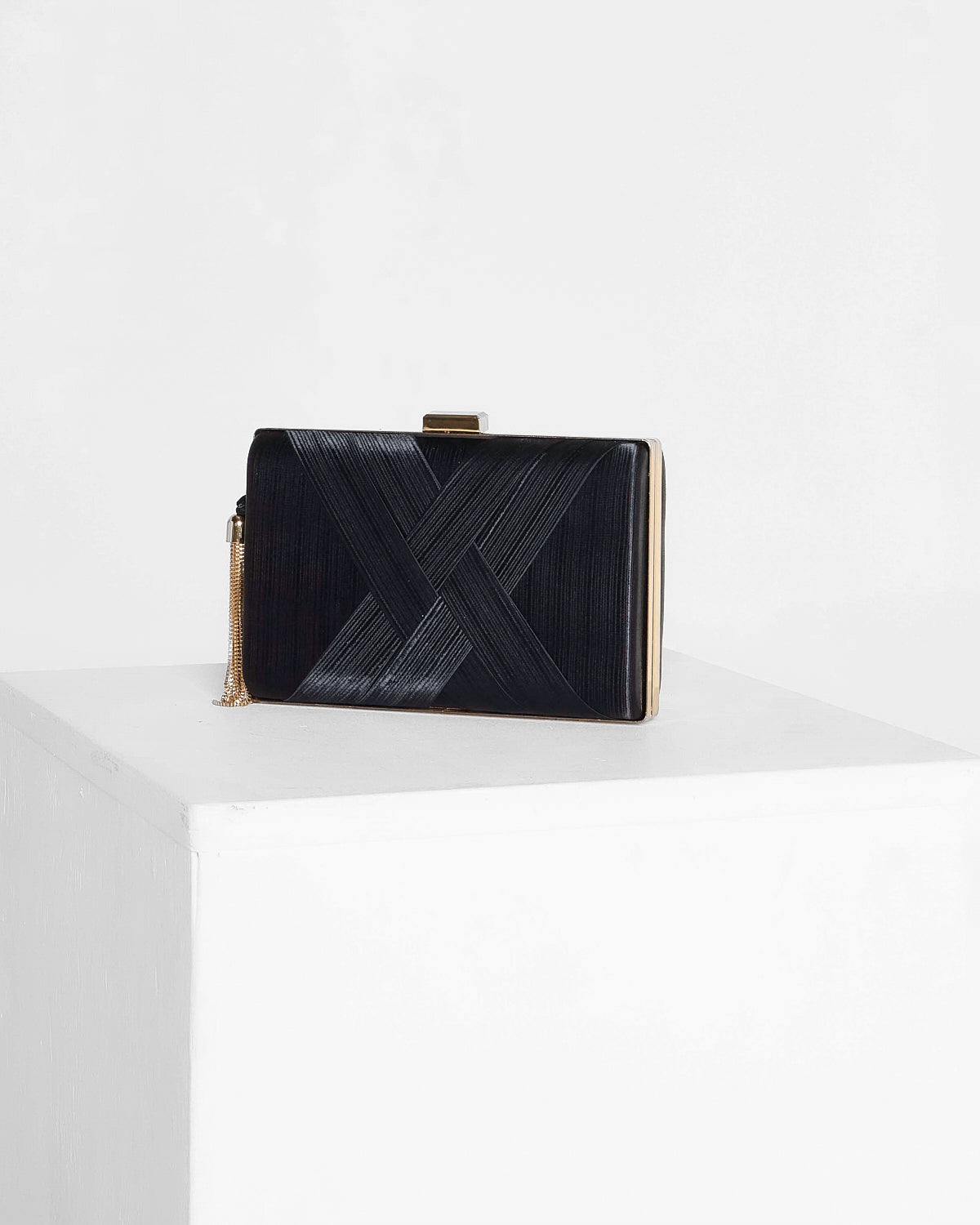 Loren Satin Rectangle Hardcase Clutch - Black