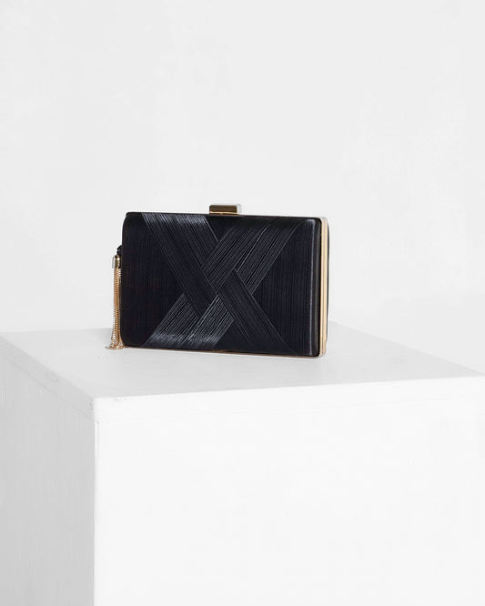 Loren Satin Rectangle Hardcase Clutch - Black