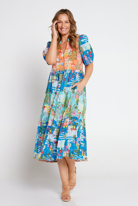 Aloha Cotton Midi Dress - Seaside Print