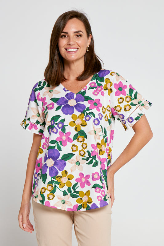 Adele Cotton Top - White/Amethyst Floral