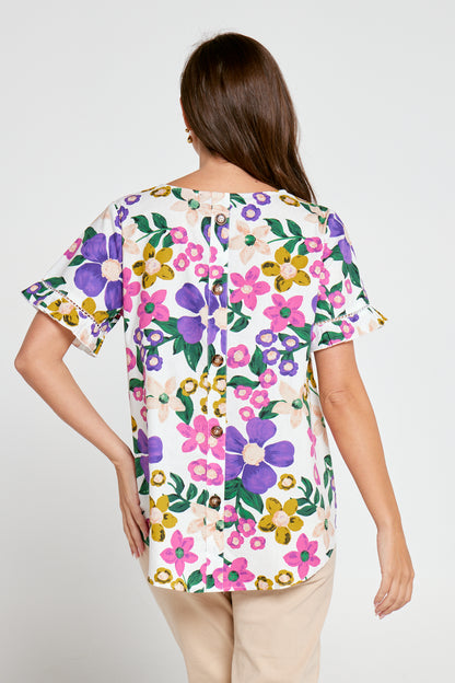 Adele Cotton Top - White/Amethyst Floral