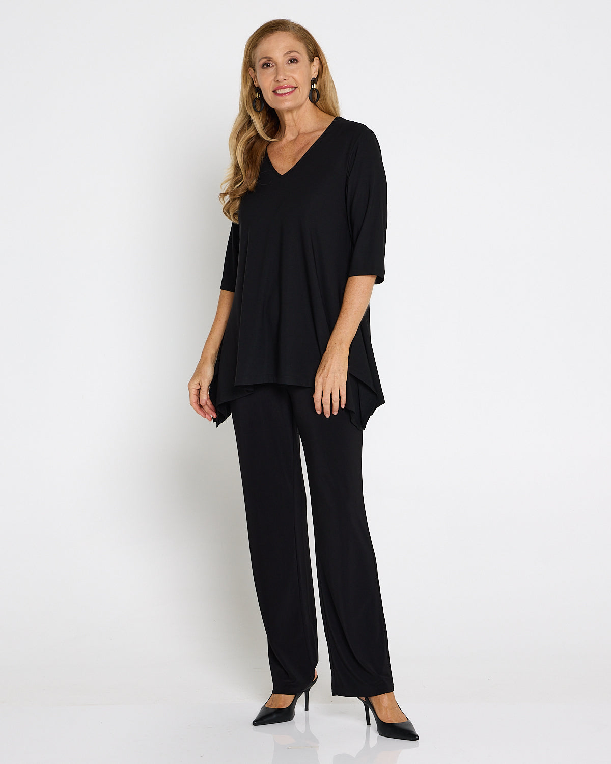 Andrea Vee Neck Mid Sleeve Top Black