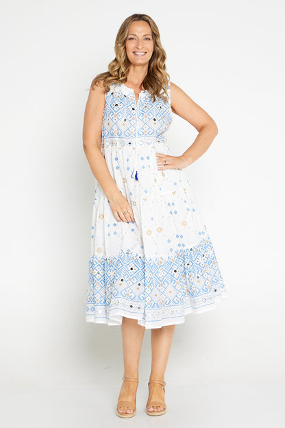 Mia Sleeveless Cotton Dress - White/Blue Print