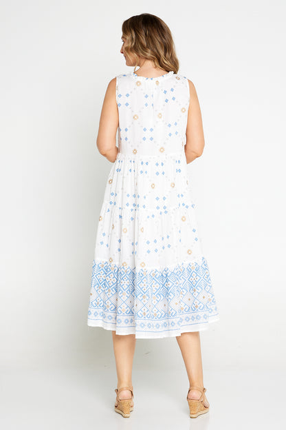 Mia Sleeveless Cotton Dress - White/Blue Print