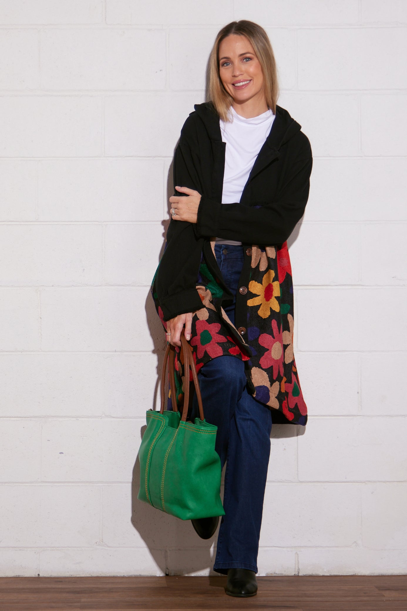 Maggie Knit & Canvas Coat - Black/Floral
