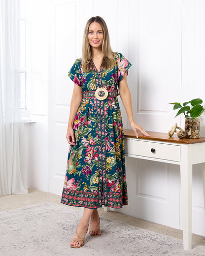 Magritte Dress - Teal Botanical Bouquet