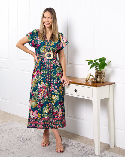 Magritte Dress - Teal Botanical Bouquet