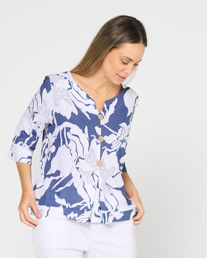 Mahri Linen Top - Denim Floral
