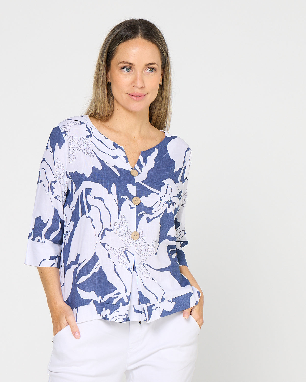 Mahri Linen Top - Denim Floral