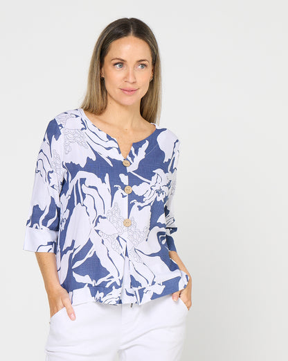 Mahri Linen Top - Denim Floral