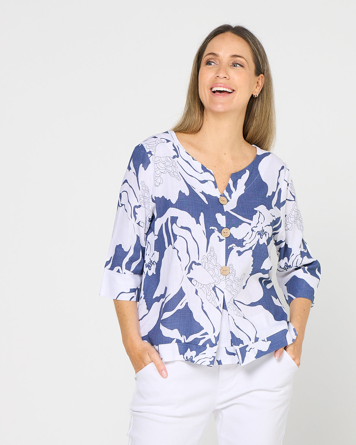 Mahri Linen Top - Denim Floral