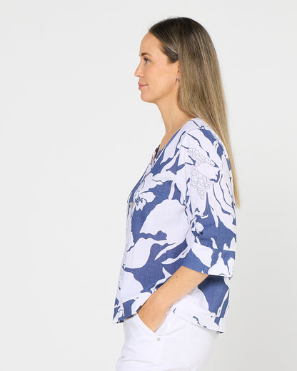 Mahri Linen Top - Denim Floral