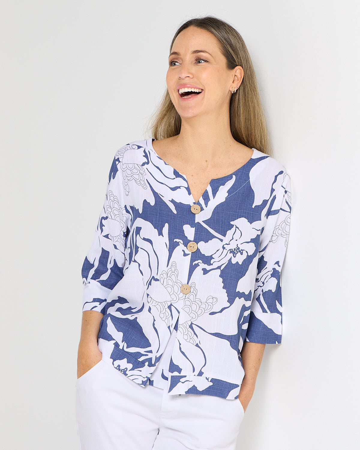 Mahri Linen Top - Denim Floral