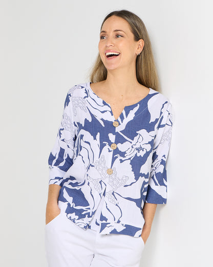 Mahri Linen Top - Denim Floral