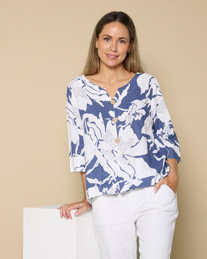 Mahri Linen Top - Denim Floral