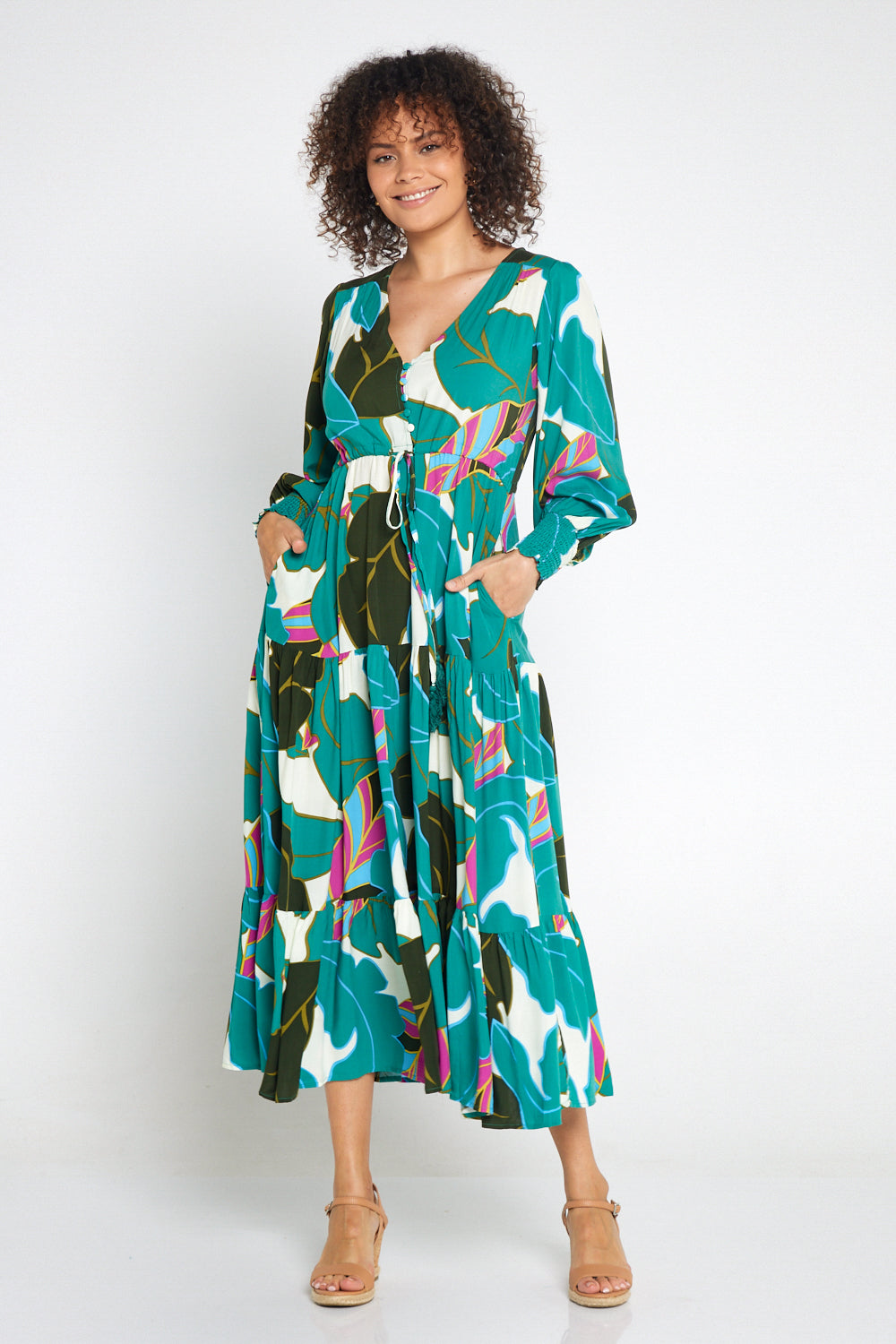 Makena Long Sleeve Maxi Green Print Winter Dresses TULIO Fashion