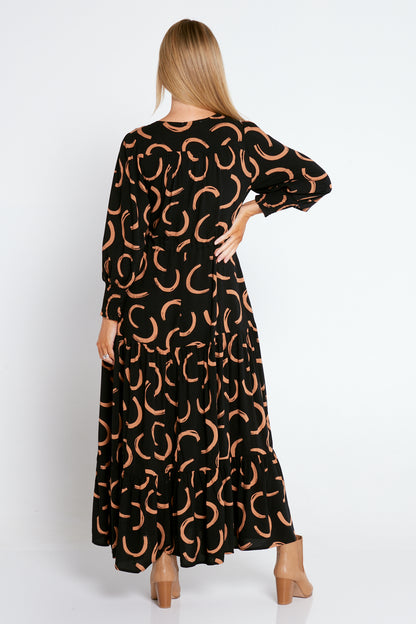 Makena Long Sleeve Maxi Dress - Black/Brown