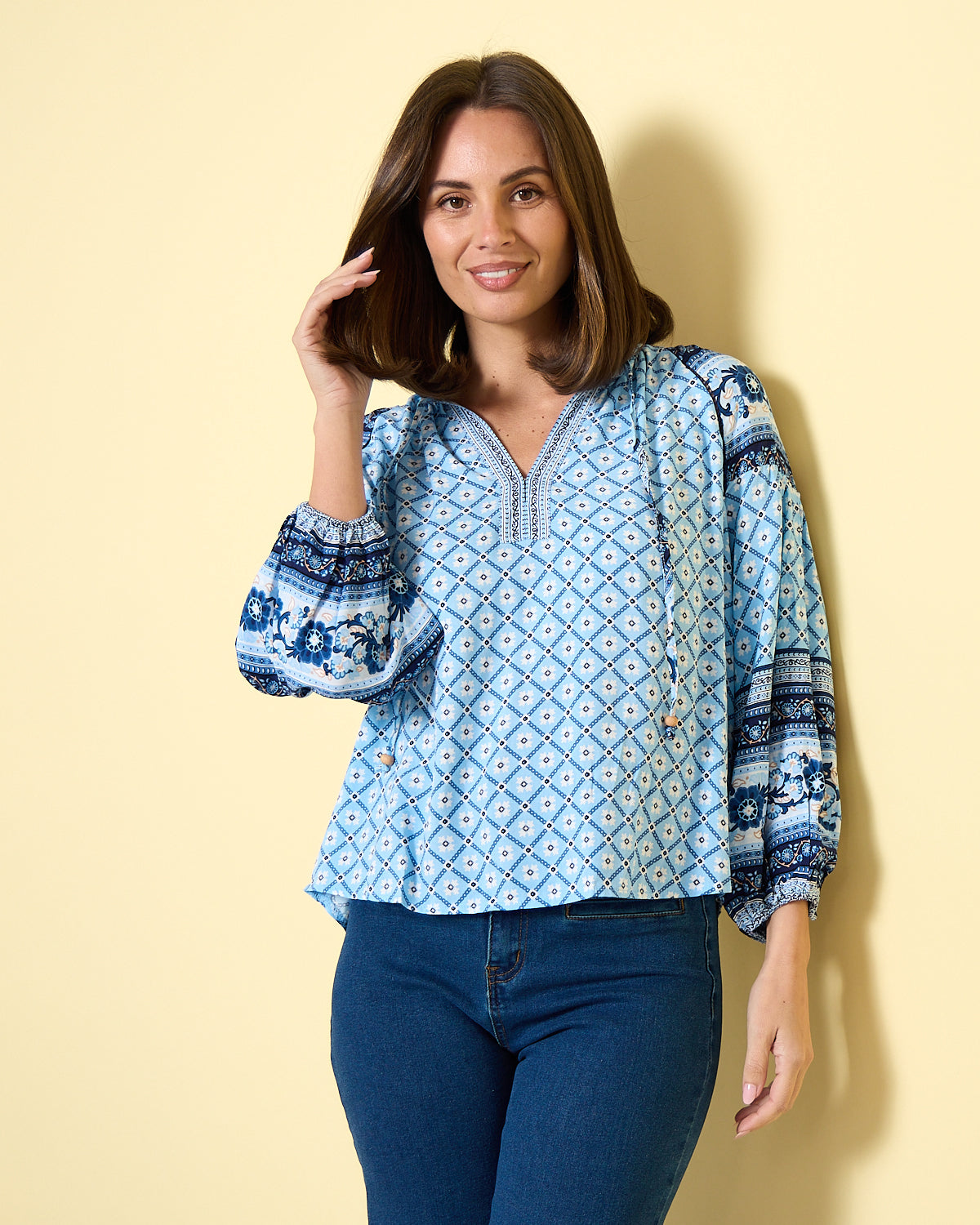 Marbella Tie Neck Blouse – Blue Mosaic